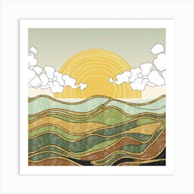 Straight and broken flowing lines and tree shapes, gold, sage, orange, lemon and brown calligraphy drawing in the form of a tropical ocean. 2 Art Print