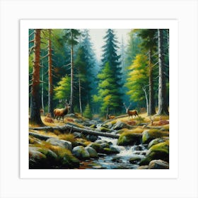 Elk In The Forest, Acrylic Painting Style Art Print