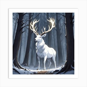 A White Stag In A Fog Forest In Minimalist Style Square Composition 30 Art Print