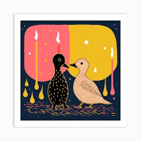 Ducklings At Night Linocut Style 4 Art Print