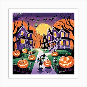 The Image Paints A Lively Picture Of Halloween In America Showcasing Bustling Neighborhoods Adorned (1) Art Print