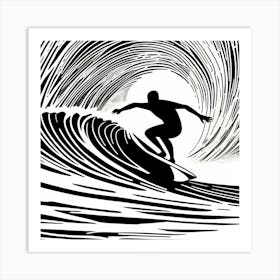 Linocut Black And White Surfer On A Wave art, surfing art, 261 Art Print