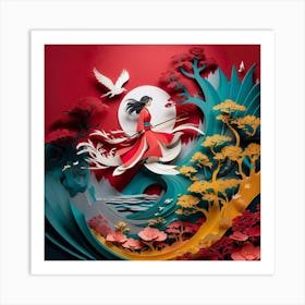 Asian Woman In Red Dress Art Print