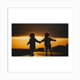 Two Children Holding Hands At Sunset Art Print