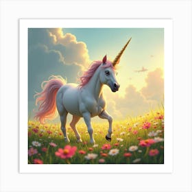 A Radiant Unicorn Prancing Through A Field Of Rainbow Flowers 1 Art Print