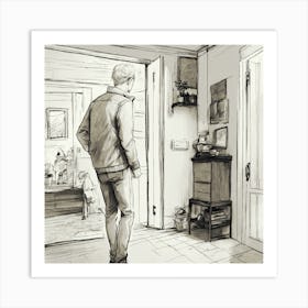 A blond man coming home to his family house after being away a long time sketch Art Print