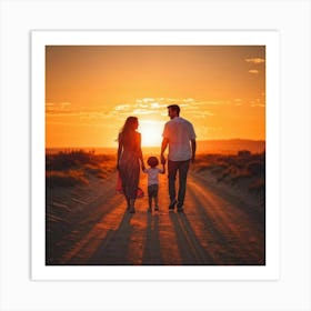 A Family Immersed In A Content Moment Walking Hand In Hand Against A Background Of A Sunset Graduall (3) Art Print