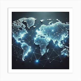 Global Connections: A Futuristic World Map with Glowing Lines and Nodes Representing Digital Networks Art Print