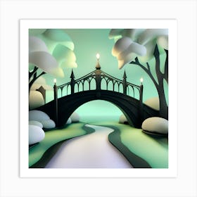 Bridge In The Snow Landscape Art Print