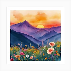 Watercolor Of Mountains And Flowers 1 Art Print