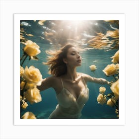 Tyndall Effect, A Beautiful Women Lies Underwater In Front Of Pale Yellow Roses ,Sunbeams In The Sty Art Print