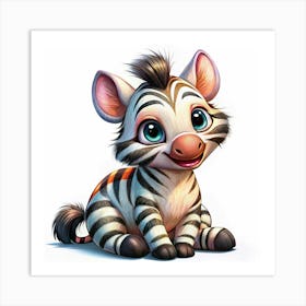 Cute Baby Zebra With Big Blue Eyes Sitting On A White Background Art Print