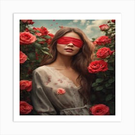 Blindfolded Woman In Red Roses Art Print