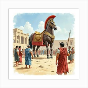 Watercolor The Trojan Horse In A Historical Greek Setting 1 Art Print