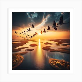 Geese Flying Over Water Art Print