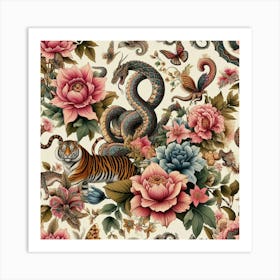 Chinese Tiger And Flowers Art Print