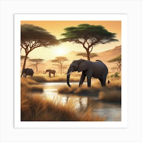 African Elephants In The Savannah Art Print