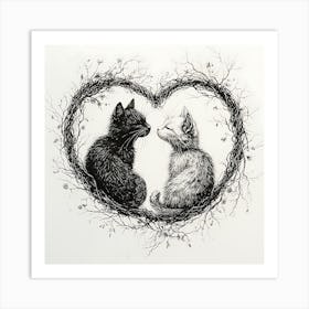 Delicate Ink Drawing of Cats Love Heart Art Print