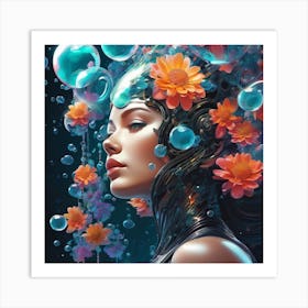 Woman With Flowers And Bubbles Art Print