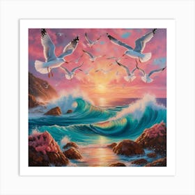 Seagulls At Sunset Art Print