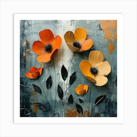 Abstract Textured Artwork Featuring Three Dimensional Orange And Yellow Flowers On A Dark Blue Background Art Print