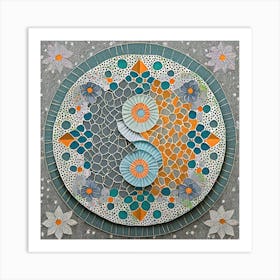 Firefly Beautiful Modern Intricate Floral Yin And Yang Japanese Mosaic Mandala Pattern In Gray, And (6) 1 Art Print