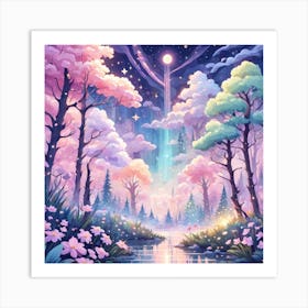 A Fantasy Forest With Twinkling Stars In Pastel Tone Square Composition 402 Art Print