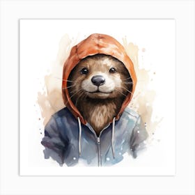 Watercolour Cartoon Otter In A Hoodie 2 Art Print