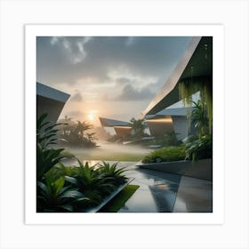 Futuristic Modern Garden peaceful sunrise 3 Art Print