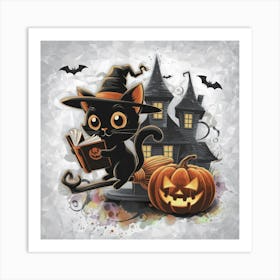 Halloween Cat On Broom Art Print