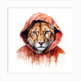 Watercolour Cartoon Cougar In A Hoodie 1 Art Print