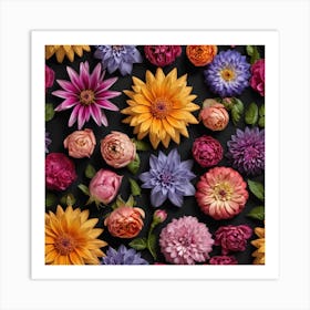 Colorful Flowers On A Black Background Art Print