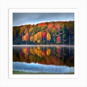 Fall Foliage- reflection of beautiful pine colorful trees in lake watercolor and beauty natural art with blue sky. Art Print