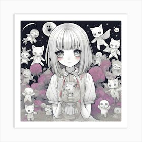 Girl With Cats Art Print