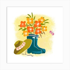 Yellow And Orange Flowers In Gardening Boots Square Art Print