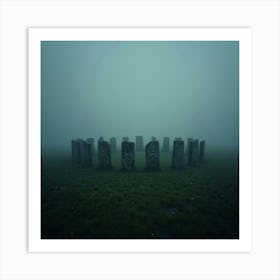 Runic Stone Circle In A Misty Meadow, With Ancient Symbols Glowing Faintly 1 Art Print