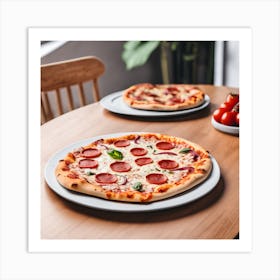 Two Pizzas On A Wooden Table Art Print