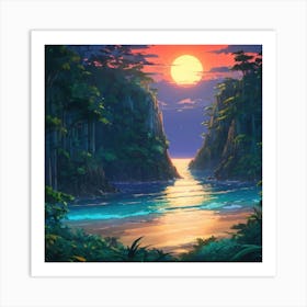 Serene Sunset Over a Secluded Coastal Cove Surrounded by Forested Cliffs Art Print