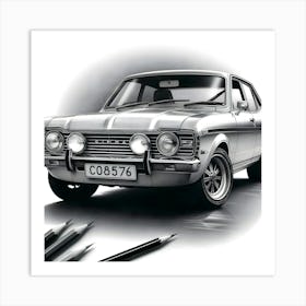 A Black And White Pencil Sketch Of A Ford Cortina 1976 1 Poster