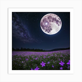 Full Moon Over Purple Flowers Fantasy by Haryako Art Print