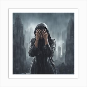 Freedom Monumen Crying With Her Hands Covering Her Face, Raining Outside, City Background, Hyper Rea Art Print