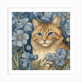 Cat In Blue Flowers 2 Art Print