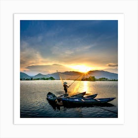 A fisherman enjoué the sunset on the sea Art Print