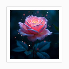 An Ethereal Rose With Petals Of Cascading, Bioluminescent Light Blooming In A Surreal Garden 1 Art Print