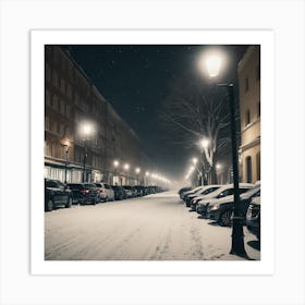 A Dimly Lit Snowy Street Lined With Parked Cars Has Buildings In The Background, Streetlights Providing Safety Amid The Peaceful White Surroundings 1 Art Print