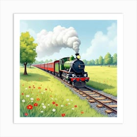 Classic Train Traveling Through A Serene Watercolor Spring Meadow 1 Art Print