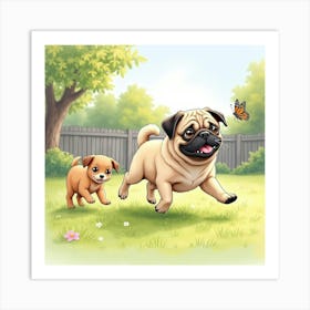 A Lively Pug Chasing A Butterfly With A Family In A Sunny Yard, Watercolor 1 Art Print