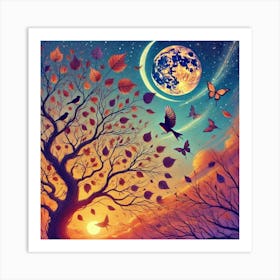 Moon And Birds In The Sky Poster