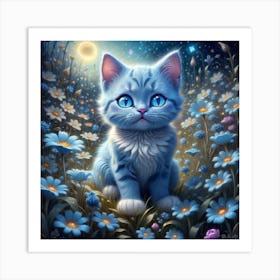 Blue Kitten In A Flower Field Art Print