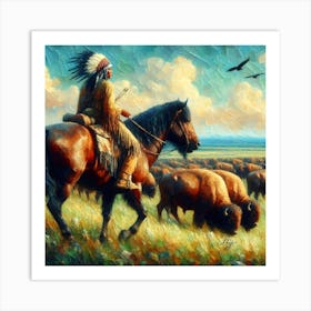 Native American Indian And Buffalos 2 Copy Art Print